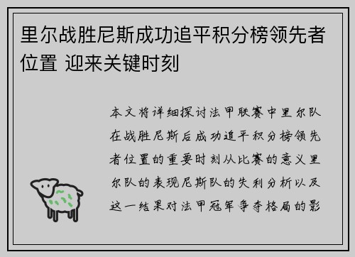 里尔战胜尼斯成功追平积分榜领先者位置 迎来关键时刻